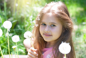 Beautiful little girl blowing white dandelions - 514060139