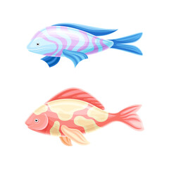 Colorful Fish as Aquatic Gill-bearing Animal with Fin and Tail Vector Set
