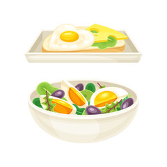 Tasty Dish with Eggs Served on Plate as Savory Breakfast Meal Vector Set