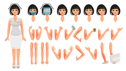 Nurse girl to create animation. A character with different emotions and hand movements. Various objects in hand
