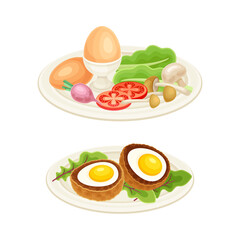 Tasty Dish with Eggs Served on Plate as Savory Breakfast Meal Vector Set