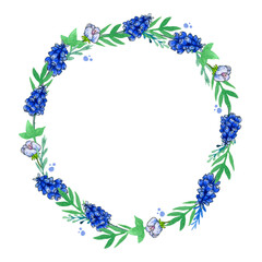 wreath of watercolor leaves and flowers on a white background.