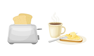Toaster, Cup of Hot Steaming Coffee and Butter Spreading on Bread as Good Morning Symbol and Attribute Vector Set
