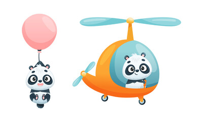 Cute Baby Panda Character Flying Helicopter and with Balloon Vector Set