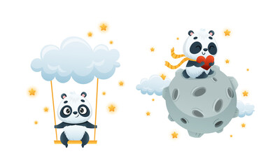Cute Baby Panda Character Sitting on Moon with Heart and Swinging with Cloud Vector Set