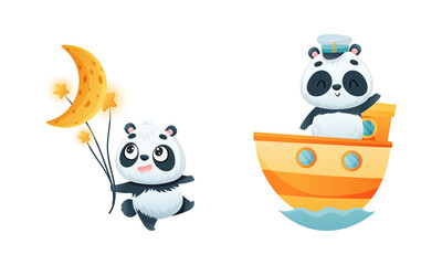 Cute Baby Panda Character Sailing Yacht and Holding Star and Crescent by String Vector Set