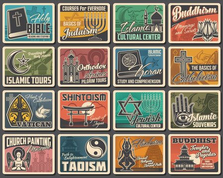 Religions of world, religious symbols and posters, vector retro. Different religions Buddhism, Christian church and Judaism star, Orthodox and Hindu, Muslim Islam mosque and Jewish religion center