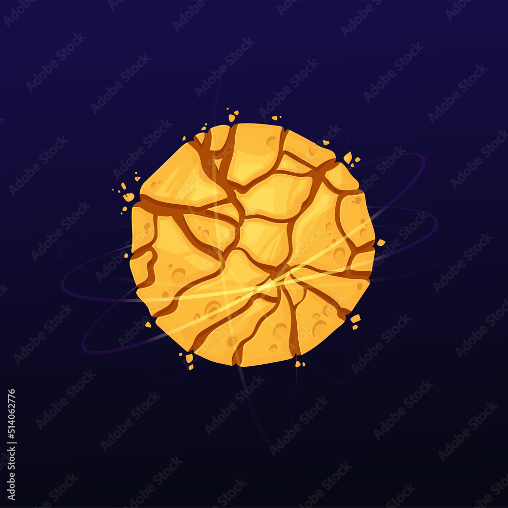 Poster Cartoon cracked space planet, vector galaxy globe with broken yellow surface. Cosmic sphere in far universe, Ui game object, fantasy comet, meteor, isolated destroyed astronomy object with orbits