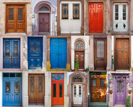 Collage of wooden, colourful and ancollection of Cunda Island, Ayvalik, Balikesir, Turkey. 