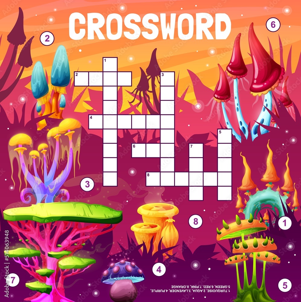 Aufkleber Magic fairytale mushrooms on alien planet. Crossword grid, find a word quiz game or vector logical puzzle. kids educational playing activity with words searching task with fantasy alien mushrooms
