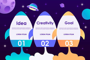 Template for infographic presentation. Rockets in space. 3 successive steps template for business, presentation, training, strategy, banner, poster. Vector illustration. EPS 10 - 514063911