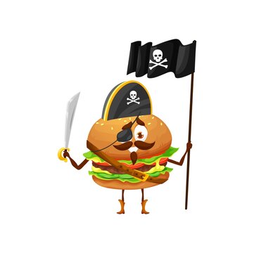 Cartoon Hamburger Pirate Captain With Flag. Happy Fast Food Burger Vector Character In Corsair Captain Hat With Skull And Crossbones, Black Eye Patch, Sword And Jolly Roger Flag, Fast Food Emoji