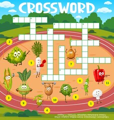 Obraz premium Cartoon funny vegetable sportsmen on athletic field, crossword puzzle game grid,. Vector kids quiz worksheet or crossword riddle with vegetable son sport, corn, pepper and potato with gym barbell
