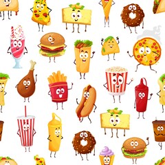Cartoon takeaway fast food characters seamless pattern. Vector fast food restaurant menu background with funny hamburger, pizza, hot dog and coffee, chicken leg, donut, soda, ice cream and popcorn