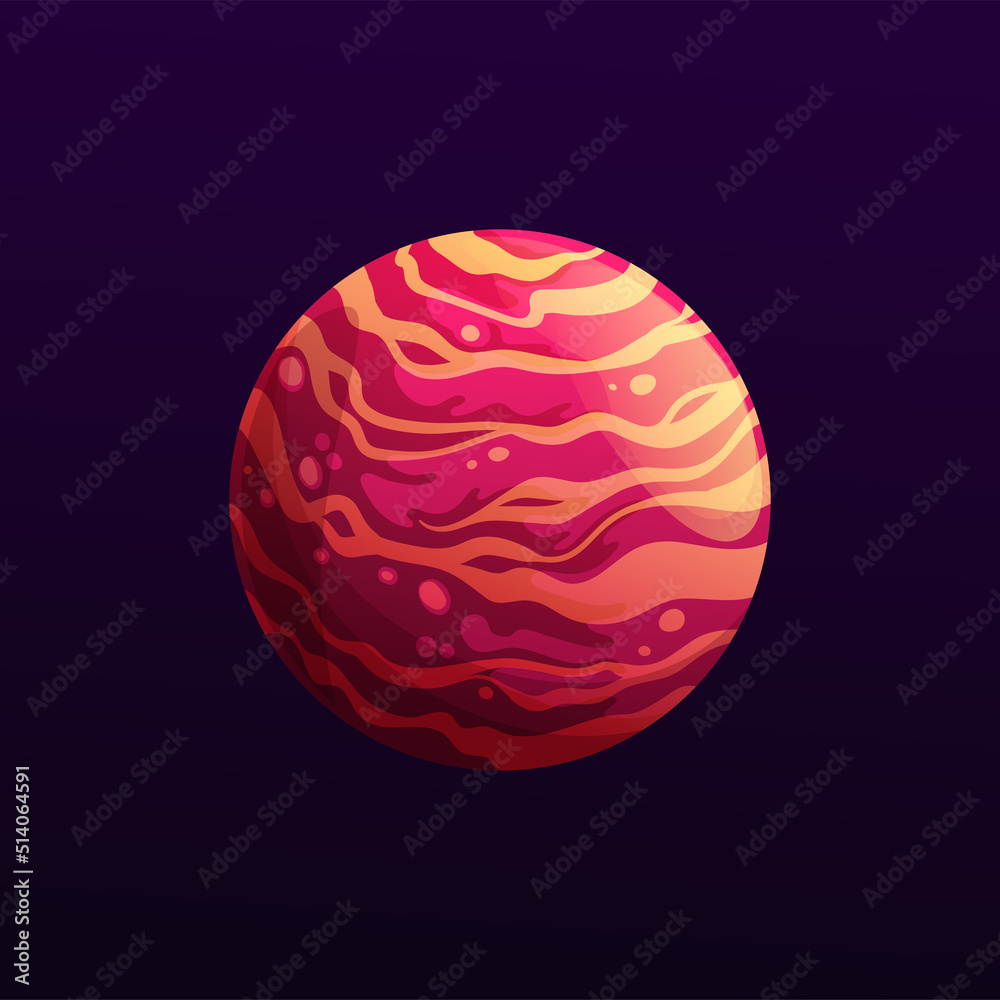 Poster mysterious red space planet with stripes. vector galaxy striped globe cartoon star. shining sphere i