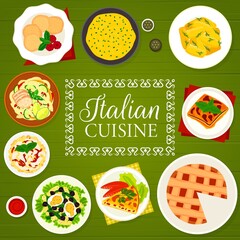 Italian cuisine menu cover. Potato Gnocchi, polenta and pie Crostata, Chorizo pasta, cookies Amaretti and pasta salad with tuna, omelette Frittata, Casserole Parmigiana and Tagliatelle pasta salad