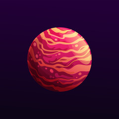 Mysterious red space planet with stripes. Vector galaxy striped globe cartoon star. Shining sphere in universe, ui game object, fantasy comet, meteor, isolated astronomy object in deep space