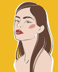 Portrait of a young girl with long hair on a colorful abstract background. Vector flat illustration. Female avatar for social networks.