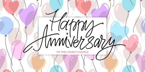 Happy Anniversary to the lovely couple horizontal card. Greeting template with lettering and balloons seamless pattern. - 514065157