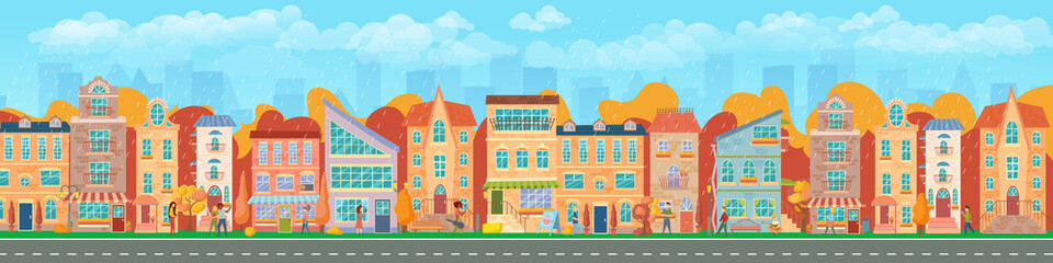 City street. Panoramic cityscape with bright houses, walking pedestrians, autumn trees. Shop and stores. Autumn city. Vector illustration in cartoon style.