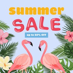 Summer sale banner with pink flamingos in the tropical nature. For backgrounds, advertisements, banners, cards, vouchers. 