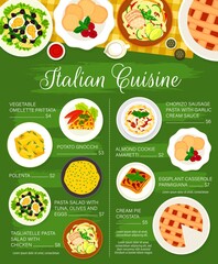 Italian cuisine menu. Potato Gnocchi, polenta and Tagliatelle pasta, almond cookies, Chorizo pasta and pie Crostata, Frittata, eggplant Casserole Parmigiana and pasta salad with tuna, olives and eggs