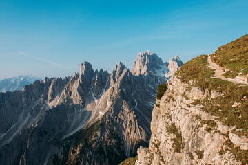 Amazing scenery in the early morning in the mountain range of the Dolomites with high Alpine peaks