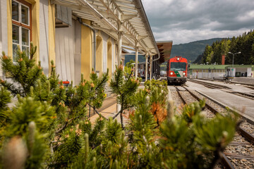 Train station of narrow gauge railway in Murau Austria on a clou