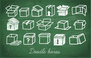 Fototapeta na wymiar Set of doodle cardboard boxes on green chalkboard background. Vector sketch illustration.