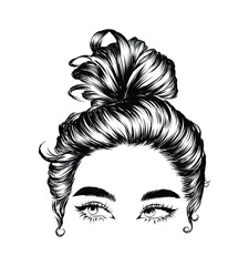 Messy hair bun hairstyle. Hand drawn illustration of summer hair 