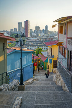 Guayaquil, Guayas, Ecuador - November, 2013: Beautiful view of the city and houses, walking down the many steps from the Santa Ana hill, on a warm and clear afternoon.