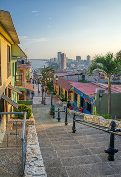Guayaquil, Guayas, Ecuador - November, 2013: Beautiful view of the city and houses, walking down the many steps from the Santa Ana hill, on a warm and clear afternoon.