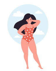 Attractive overweight woman in swimsuit. Hello summer, summertime, vacation. Hand drawn vector illustration