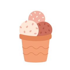 Vanilla and chocolate ice cream in waffle cone with chocolate drops. Summertime, hello summer. Hand drawn vector illustration