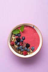 Overhead view of acai smoothie with chia seeds vegan food