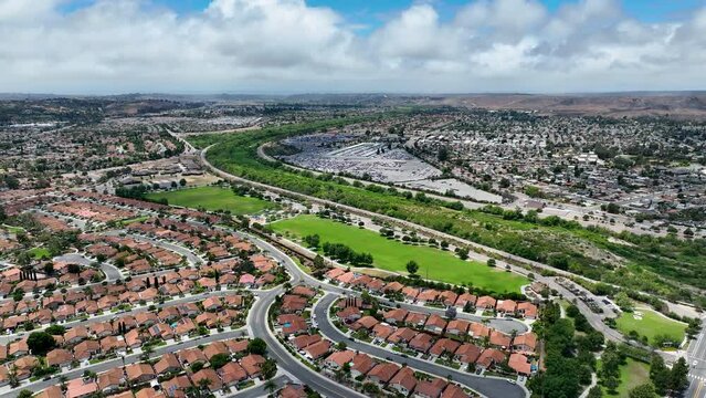 Aerial view of residential suburban packed homes neighborhood in Oceanside, South California, USA