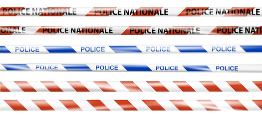 Realistic caution police tape blue, red and white. Warning sign for crime scene or construction area. Police line and do not cross ribbon. Danger tape. Ribbon for accident, under construction