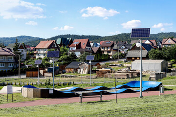 MANIOWY, POLAND - JUNE 23, 2022: Stations with solar panels in the city center of Maniowy, Poland.
