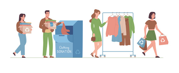 Textile recycling,eco concept. People recycle their used clothes to create eco-friendly fashion. Women and men donate clothing to charity. People put clothes in container, choose new ones. Vector flat