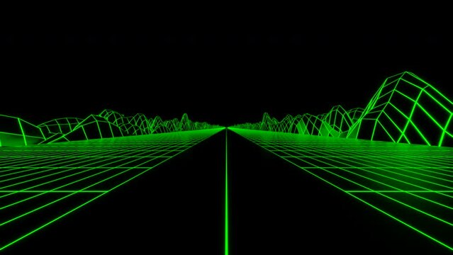 Retro futuristic synthwave grid background with hills on a black endless space. Design. Fast drive with a road and grid.