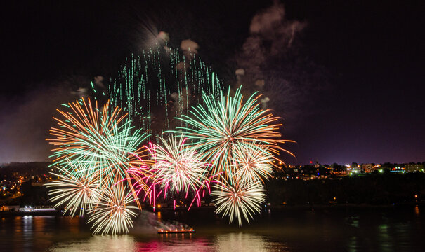 Loto Québec fireworks over the St Lawrence River in Quebec City, Canada