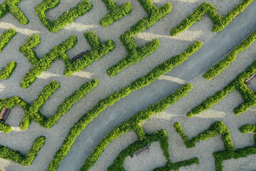 Aerial view of beautiful formal garden with labyrinth