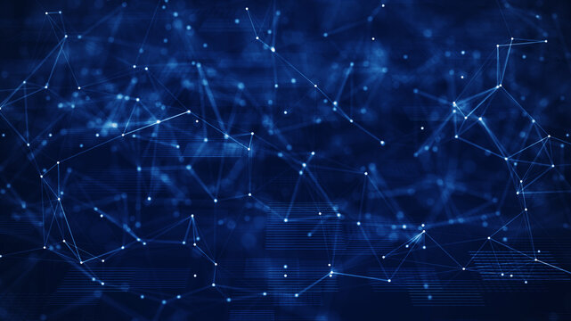 Abstract concepts of cybersecurity technology and digital data protection. Protect internet network connection with polygons, dots and lines with dark blue background.