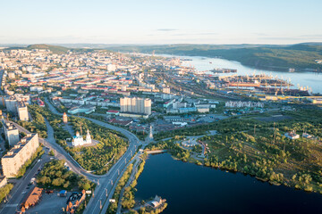 Fototapeta na wymiar Aerial view of Murmansk in the summer. City beyond the Arctic Circle. Polar day