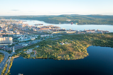 Fototapeta na wymiar Aerial view of Murmansk in the summer. City beyond the Arctic Circle. Polar day