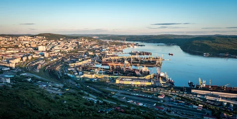 Fotobehang Aerial view of Murmansk in the summer. City beyond the Arctic Circle. Polar day © Alexey Oblov