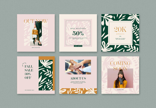 Social Media Post Layout Set with Hand Drawn Minimal Abstract Leaves