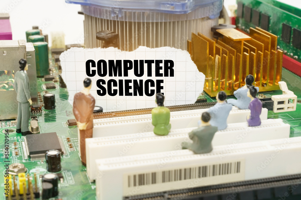 Poster on the motherboard there are figures of people and torn paper with the inscription - computer scienc