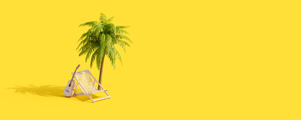 Beach chair and guitar under a palm tree on yellow background. Creative summer vacation concept idea 3D Render 3D illustration © brankospejs