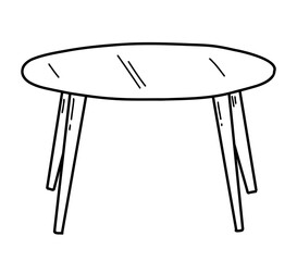 Hand-drawn glass, wooden table on four legs in doodle style, sketch in black and white.